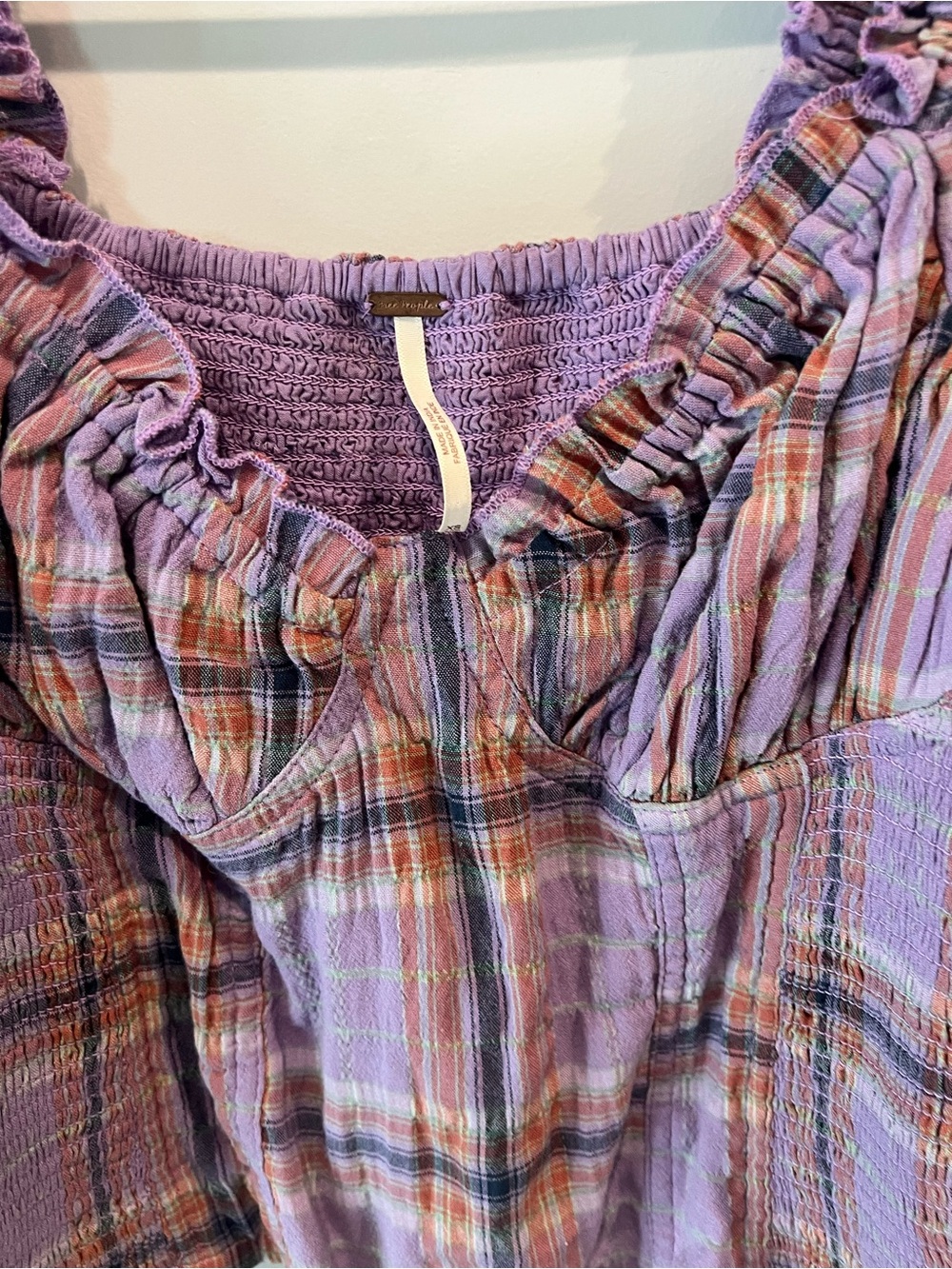 Free People Lavender Plaid Smocked Puff-Sleeve Crop Top - Picture 12 of 16